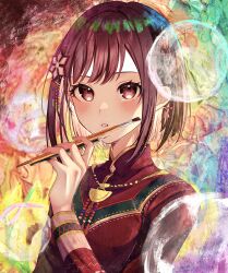 Rule 34 | 1girl, blush, bob cut, bow, braid, breasts, brown hair, bubble, chinese clothes, commentary request, fingernails, gold trim, hair bow, hair ornament, hand up, highres, holding, holding paintbrush, kuuhaku no canvas ni egaku watashi wa (project sekai), long sleeves, looking at viewer, nhrg806, official alternate costume, paintbrush, parted lips, project sekai, rainbow background, shinonome ena, short hair, simple background, single braid, small breasts, solo, swept bangs, upper body, upturned eyes
