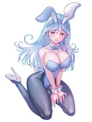 1girl absurdres black_pantyhose blue_hair blue_leotard breasts closed_mouth collarbone colored_eyelashes commentary_request curly_hair detached_collar dragon_quest dragon_quest_iii high_heels highleg highleg_leotard highres large_breasts leotard long_hair looking_at_viewer nail_polish pantyhose playboy_bunny red_eyes sage_(dq3) sitting smile solo strapless strapless_leotard wariza white_nails yadoyanokabe