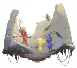 black_eyes blue_pikmin coin commentary_request crack crossover from_below game_freak gimmighoul gimmighoul_(roaming) leaf nintendo pikmin_(creature) pikmin_(series) plant pokemon pokemon_(creature) red_pikmin sok_(mr14_c) standing stone_wall vines white_background yellow_pikmin
