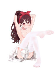 1girl armpits arms_behind_head arms_up blush bow breasts brown_eyes brown_hair collarbone convenient_censoring feet full_body hair_bow hairband highres leg_up legs long_hair looking_at_viewer medium_breasts no_panties no_shoes ponytail qonon red_eyes ruirui_(taozhu_tongshu) simple_background sitting skirt soles solo taozhu_tongshu thighhighs thighs toes topless_female white_background white_skirt white_thighhighs