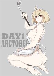1girl apron arcueid_brunestud ass barefoot blonde_hair breasts commentary english_commentary english_text grey_background highres holding holding_ladle jonyeld ladle large_breasts naked_apron open_mouth red_eyes short_hair sideboob solo tsukihime tsukihime_(remake) white_apron