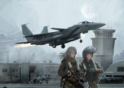 2girls absurdres afterburner aircraft airplane commentary drop_tank f-15_eagle f-15s/mtd fighter_jet flight_suit flying fog full_moon g-suit helmet highres insignia japan_air_self-defense_force japan_self-defense_force jet_engine kidou_keisatsu_patlabor military military_base military_vehicle moon multiple_aircraft multiple_girls pilot pilot_helmet pilot_suit roundel takeoff tower yukikaze_supersylph