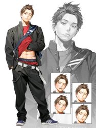 Rule 34 | 1boy, absurdres, bag, belt, black pants, brown eyes, brown hair, closed mouth, clothes lift, commentary request, full body, gakuran, gauze, hand in pocket, highres, lifting own clothes, lips, looking at viewer, loose pants, male focus, male underwear, multiple views, natsuko (bluecandy), navel, open clothes, original, pants, red shirt, school bag, school uniform, shirt, shirt lift, shoes, standing, underwear, white belt