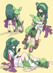 2girls ahoge arm_support arm_tattoo bag boots breastfeeding brown_footwear commentary_request cunnilingus foot_on_another&#039;s_back green_hair green_hairband groceries hairband highres holding holding_bag holding_phone hug japanese_clothes kimono leaning_on_person leg_tattoo long_hair looking_at_another looking_at_phone low_ponytail lying multiple_girls multiple_views on_stomach open_clothes open_kimono oral petting phone ponytail purple_sash sash short_kimono simple_background sitting smile socks sotobako_e tattoo touhoku_zunko voiceroid voicevox waist_sash white_kimono white_socks yuri zundamon