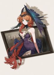 Rule 34 | 1girl, bare shoulders, breasts, brown background, cleavage, closed mouth, crown of thorns, dress, druvis iii, druvis iii (shrouded in thorns), elbow gloves, feathered wings, gloves, green eyes, halter dress, halterneck, head wings, highres, long hair, looking at viewer, low wings, medium breasts, official alternate costume, opal reverse, orange hair, picture frame, plunging neckline, purple dress, purple gloves, purple wings, reverse:1999, side slit, single bare arm, single elbow glove, sleeveless, sleeveless dress, smile, solo, through medium, through painting, upper body, very long hair, wings