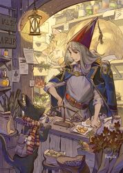 1boy absurdly_detailed_composition animal backpack bag berry cat clothed_animal coat coat_on_shoulders counter drawer fantasy grey_hair hand_on_own_hip lantern loaded_interior long_hair onion original oversized_animal pointy_hat prema-ja red_headwear scarf shop sleeping weighing_scale wood
