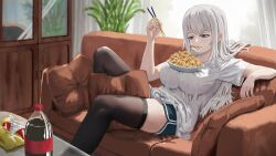 1girl black_thighhighs breasts chips_(food) chopsticks cola couch food food_on_body food_on_breasts grey_hair highres holding holding_chopsticks huge_breasts indoors jurucon large_breasts original pillow plant potted_plant shirt shorts sitting table thighhighs white_hair white_shirt
