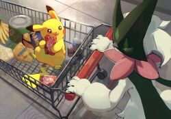 banana brown_eyes can chufflepop closed_eyes commentary creatures_(company) english_commentary food fruit game_freak gen_1_pokemon green_hair highres indoors kitkat mask meowscarada nintendo open_mouth pikachu pokemon pokemon_(creature) shopping shopping_cart sitting smile