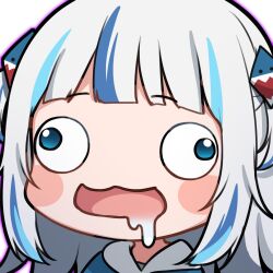 1girl :3 :d artist_request bad_link blue_hair blunt_bangs blush_stickers chibi drooling gawr_gura gawr_gura_(1st_costume) hair_ornament hololive hololive_english mouth_drool multicolored_hair official_art open_mouth portrait saliva shark_hair_ornament smile solo streaked_hair transparent_background two_side_up virtual_youtuber wall-eyed white_hair