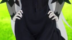 1girl black_dress cinn_angl commentary covered_groin covered_navel dress echidna_(re:zero) english_commentary grass groin hands_on_own_hips highres hip_focus layered_dress long_dress long_hair re:zero_kara_hajimeru_isekai_seikatsu solo very_long_hair white_hair wide_hips
