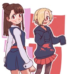 Rule 34 | 2girls, beachepisode, black hoodie, blonde hair, blood, blood on clothes, blush, brown hair, brown pantyhose, closed mouth, collarbone, ear piercing, hair over one eye, highres, hood, hoodie, idolmaster, idolmaster cinderella girls, kagari atsuko, little witch academia, long hair, long sleeves, looking at viewer, luna nova school uniform, multiple girls, pantyhose, piercing, pleated skirt, red eyes, red skirt, school uniform, shirasaka koume, short hair, skirt, sleeves past wrists, smile
