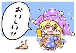 ! !! 1girl american_flag american_flag_dress american_flag_legwear american_flag_print american_flag_shirt blonde_hair blush blush_stickers can chibi clownpiece commentary dress drink_can fairy_wings flag_print food fruit hat highres jester_cap long_hair neck_ruff open_mouth orange_(fruit) pantyhose polka_dot polka_dot_headwear print_shirt purple_hat red_eyes shirt shitacemayo short_sleeves slug smile soda_can star_(symbol) star_print striped_clothes striped_dress striped_pantyhose touhou translation_request transparent_wings very_long_hair wings