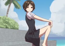 1girl absurdres akebi-chan_no_serafuku barefoot bench blue_skirt blue_vest brown_eyes brown_hair bush cloud highres kakikakuka ocean outdoors palm_tree puffy_short_sleeves puffy_sleeves roubai_academy_school_uniform_(new) school_uniform short_sleeves skirt smile stone_bench summer_uniform tanigawa_kei tree vest