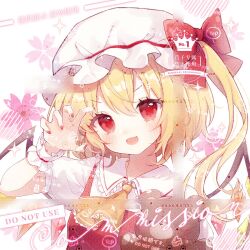 1girl ascot blonde_hair bow breasts claw_pose collared_shirt commentary fang flandre_scarlet frilled_shirt_collar frilled_wrist_cuffs frills hat hat_bow highres lanlanlan_mogu mob_cap open_mouth red_bow red_eyes red_nails red_vest shirt side_ponytail skin_fang small_breasts smile solo stuffed_animal stuffed_toy symbol-only_commentary teddy_bear too_many_watermarks touhou upper_body v-shaped_eyebrows vest watermark white_hat white_shirt wrist_cuffs yellow_ascot