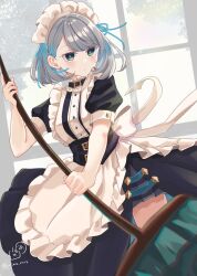 1girl apron black_dress closed_mouth commentary_request day dress frilled_apron frills green_eyes grey_hair hand_up highres holding indoors maid maid_headdress original puffy_short_sleeves puffy_sleeves rino_cnc short_hair short_sleeves solo twitter_username white_apron window