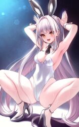 1girl animal_ears armpits black_necktie blanc_(nikke) breasts collar commentary_request detached_collar fake_animal_ears fang fishnet_pantyhose fishnets goddess_of_victory:_nikke high_heels highres korean_commentary leotard long_hair necktie pantyhose playboy_bunny rabbit_ears rabbit_pose skin_fang small_breasts solo squatting toriseru_(rare_stone) very_long_hair white_collar white_hair white_leotard white_wrist_cuffs wrist_cuffs yellow_eyes
