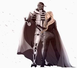 alien blonde_hair cape commander_shepard couple height_difference highres lrtrevelyan mass_effect_(series) saren_arterius white_background