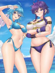 2girls absurdres ahoge arm_up armlet armor armpits beach bikini bikini_armor blue_bikini blue_hair breasts cleavage commission commissioner_upload crossed_arms day earrings fingerless_gloves fire_emblem fire_emblem:_genealogy_of_the_holy_war flower flower_on_head gloves headband highleg highleg_bikini highres if_they_mated igni_tion jewelry larcei_(fire_emblem) looking_at_viewer mother_and_daughter multiple_girls navel nintendo ocean original purple_eyes purple_hair selia_(mrtalkingdino) short_hair side-tie_bikini_bottom sidelocks smile stomach swimsuit thighs tomboy white_headband