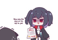 1girl 1other arknights black_choker black_coat black_jacket chibi choker closure_(arknights) coat doctor_(arknights) english_text evil_smile holding_bill hood id_card jacket kurotofu lanyard long_sleeves motion_lines open_clothes open_jacket open_mouth rhodes_island_logo_(arknights) shaking shirt simple_background smile sweatdrop upper_body white_background white_shirt