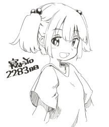 1girl blush cactas7 collarbone flat_chest hair_bobbles hair_ornament highres kawashiro_nitori looking_at_viewer monochrome no_headwear open_mouth shirt short_sleeves simple_background smile solo t-shirt touhou upper_body