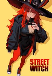 1girl animal_ears black_dress black_hat black_jacket blush breasts bubble_tea china_dress chinese_clothes commentary covered_navel cup disposable_cup dress drinking_straw ear_piercing earrings english_text fake_animal_ears fingernails full_body hat highres holding holding_cup hood hooded_jacket jacket jewelry large_breasts long_hair long_sleeves looking_at_viewer nail_polish open_clothes open_jacket original pantyhose pelvic_curtain piercing puffy_long_sleeves puffy_sleeves rabbit_ears red_eyes red_hair red_nails red_pantyhose shadow shoes sleeves_past_wrists sneakers solo standing taut_clothes taut_dress val_(yan_kodiac) witch_hat yan_kodiac yellow_background
