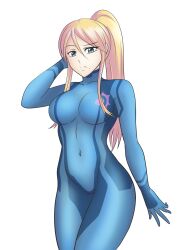 Rule 34 | 1girl, absurdres, arm at side, blonde hair, blue bodysuit, blue eyes, bodysuit, breasts, collarbone, covered navel, expressionless, eyelashes, female focus, groin, hair between eyes, hand on own head, hand up, hayato stuff, high ponytail, highres, large breasts, legs, legs together, long hair, looking at viewer, metroid, mole, mole under mouth, nintendo, ponytail, print bodysuit, raised eyebrow, samus aran, sidelocks, simple background, skin tight, standing, swept bangs, thighs, turtleneck, turtleneck bodysuit, white background, zero suit