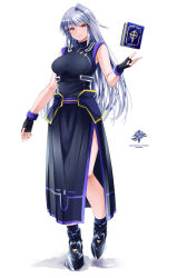 1girl ahoge black_boots black_gloves blue_dress book boots breasts character_name closed_mouth commentary_request copyright_name dress fingerless_gloves full_body gloves grey_hair highres large_breasts long_hair looking_at_viewer lyrical_nanoha mahou_shoujo_lyrical_nanoha mahou_shoujo_lyrical_nanoha_a&#039;s paid_reward_available pelvic_curtain red_eyes reinforce side_slit sleeveless sleeveless_dress solo sougetsu_izuki standing