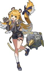 1girl absurdres animal_ears artist_request black_gloves black_shoes black_shorts blonde_hair blush copyright_logo cropped_jacket elbow_gloves fingerless_gloves gloves green_eyes highres jacket ju_fufu long_hair looking_at_viewer multicolored_hair o-ring o-ring_thigh_strap official_art open_mouth shoes shorts smile socks solo tail thigh_strap tiger_ears tiger_girl tiger_tail two-tone_hair white_hair white_socks yellow_jacket zenless_zone_zero