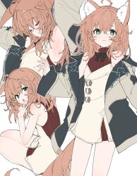 1girl ahoge animal_ear_fluff animal_ears armpits arms_up bare_arms bare_shoulders black_jacket brown_hair brown_jacket closed_eyes closed_mouth commentary_request fox_ears fox_girl fox_tail from_side green_eyes hair_between_eyes highres jacket kikimora_(sawayaka_samehada) long_sleeves looking_at_viewer medium_hair multicolored_jacket multiple_views off_shoulder open_clothes open_jacket open_mouth original red_sweater sawayaka_samehada simple_background sleeveless sleeveless_sweater smile sweater tail thighs turtleneck turtleneck_sweater two-tone_jacket v white_background