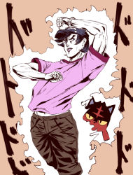 1boy araki_hirohiko_(style) arm_up aura baseball_cap brown_background brown_shorts cowboy_shot elio_(pokemon) game_freak gen_7_pokemon hat ishii_hisao jojo_no_kimyou_na_bouken jojo_pose litten looking_at_viewer manly muscular nintendo parody pink_shirt pokemon pokemon_(creature) pokemon_sm purple_eyes purple_hair purple_lips shirt short_sleeves shorts simple_background standing style_parody watch wristwatch
