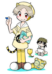 2girls alternate_costume animal_ear_fluff animal_ear_hood animal_ears animal_print beret black_hair black_outline black_tail blush_stickers brown_footwear butterfly_sitting closed_mouth coco_(toranoana) colored_inner_hair colored_sclera crayon cub detached_hood double_horizontal_stripe drawing_(action) drawstring facepaint facing_viewer fake_animal_ears fang from_behind frown full_body green_sclera hat headscarf holding holding_crayon holding_sketchbook hood hood_down hoodie horizontal-striped_sleeves horizontal-striped_thighhighs kotora_(toranoana) legs_together light_brown_hair logo_print looking_at_viewer mukku_(mook-tv) multicolored_hair multiple_girls nonbiri_kotora official_alternate_costume official_art outline parted_bangs print_hoodie red_eyes second-party_source shadow shirt short_hair short_sleeves simple_background sitting sketchbook sleeveless sleeveless_shirt smile straight_hair striped_clothes striped_fur striped_hoodie striped_sleeves striped_tail striped_thighhighs t-shirt tail tenugui thighhighs tiger tiger_ears tiger_girl tiger_print tiger_tail tora_da_yo. torana toranoana triple_horizontal_stripe very_short_hair white_background white_hood white_shirt wide_sleeves yellow_fur yellow_hat yellow_hood yellow_tail