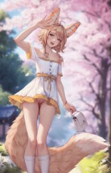 Rule 34 | 1girl, :d, ahoge, animal ear piercing, animal ears, arm up, bag, braid, brown eyes, brown hair, cherry blossoms, cleft of venus, dress, earrings, exhibitionism, fangs, feet out of frame, flat chest, fox ears, fox girl, fox tail, handbag, highres, holding, holding bag, jewelry, khiara (personal ami), large tail, looking at viewer, medium hair, nipples, no panties, off-shoulder dress, off shoulder, open mouth, original, outdoors, personal ami, public indecency, pussy, side braids, signature, smile, socks, solo, tail, teeth, uncensored, upper teeth only, white dress, white socks