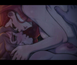 2girls artist_name bang_dacy blush braid breasts brown_hair character_request completely_nude from_side hera_(war_of_the_rohirrim) large_breasts little_witch_academia multiple_girls nipples nude olwyn_(war_of_the_rohirrim) open_mouth red_hair sweat teeth the_war_of_the_rohirrim yuri