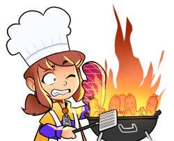 1girl a_hat_in_time alternate_headwear apron brown_hair cape chef_hat child clenched_teeth commentary english_commentary fire fire_light food food_art food_with_face grill hat hat_kid holding holding_spatula jacket jenna_brown long_sleeves looking_at_object mittens official_art one_eye_closed open_mouth oven_mitts plaid_clothes plaid_mittens plaid_oven_mitts ponytail purple_jacket red_mittens red_oven_mitts sidelocks simple_background single_mitten solo spatula tako-san_wiener teeth transparent_background upper_body white_apron white_hat yellow_cape zipper_pull_tab