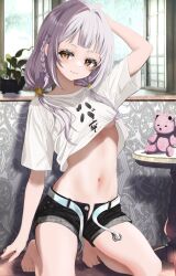 1girl alternate_costume arm_up bare_legs barefoot belt black_shorts blunt_bangs braid breasts commentary_request crop_top grey_hair highres hololive kneeling long_hair looking_at_viewer low_twintails midriff murasaki_shion navel open_belt open_fly shirt short_eyebrows shorts side_braid small_breasts smile solo stuffed_animal stuffed_toy t-shirt teddy_bear tied_shirt twintails underboob virtual_youtuber wakaunderblade7 yellow_eyes