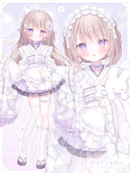 1girl :o :p alternate_hairstyle apron asymmetrical_legwear bag bead_hairband bell blush bow braid brown_hair bubble_skirt bug butterfly butterfly_hair_ornament crown_braid detached_sleeves dot_nose earrings floral_print flower frilled_apron frilled_bow frilled_kimono frilled_skirt frilled_socks frills full_body hair_bow hair_flower hair_ornament handbag highres holding holding_bag holding_stuffed_toy insect japanese_clothes jewelry kimono kneehighs leg_ribbon lolita_fashion long_hair looking_at_viewer maid_apron maid_headdress miniskirt multiple_views neck_bell okobo omochi_monaka original platform_sandals purple_background purple_hair purple_ribbon purple_skirt ribbon rose sandals short_hair sidelocks skirt sleeve_bow sleeves_past_wrists socks solo standing stuffed_animal stuffed_rabbit stuffed_toy thigh_ribbon thighhighs tongue tongue_out twitter_username wa_lolita watermark white_bow white_flower white_rose white_socks wide_sleeves