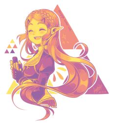 1girl blonde_hair blush braid breasts closed_eyes commentary crown_braid english_commentary fingerless_gloves gloves hair_ornament hairclip laughing limited_palette long_hair nintendo open_mouth pointy_ears princess_zelda sandragh sidelocks signature simple_background smile solo teeth the_legend_of_zelda the_legend_of_zelda:_breath_of_the_wild triforce triforce_print upper_body upper_teeth_only