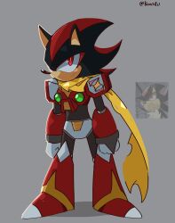 1boy armor black_fur chest_jewel cosplay full_body furry furry_male grey_background highres koasku male_focus mega_man_(series) mega_man_x_(series) red_armor red_eyes red_fur scarf shadow_the_hedgehog simple_background solo sonic_(series) two-tone_fur yellow_scarf zero_(mega_man) zero_(mega_man)_(cosplay)