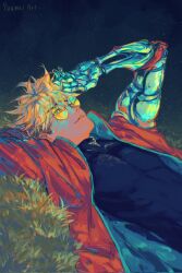 1boy arms_up artist_name black_hair black_shirt blonde_hair cowboy_shot glasses grass highres jacket looking_up lying male_focus night on_back outdoors prosthesis prosthetic_arm red_jacket round_eyewear shirt short_hair smile solo tinted_eyewear trigun trigun_stampede undercut vash_the_stampede yellow-tinted_eyewear yuumei