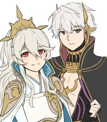 1boy 1girl brown_eyes cosplay female_corrin_(fire_emblem) fire_emblem fire_emblem_awakening fire_emblem_fates grey_hair high_collar highres long_hair looking_at_viewer male_robin_(fire_emblem) mikoto_(fire_emblem) mikoto_(fire_emblem)_(cosplay) nintendo parted_lips red_eyes short_hair simple_background smile tiara upper_body validar_(fire_emblem) validar_(fire_emblem)_(cosplay) white_background zuzu_(ywpd8853)