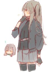 2girls =_= arm_at_side assault_lily black_gloves black_hair black_ribbon black_shirt black_thighhighs blush brown_hair chibi chibi_inset closed_mouth commentary cowboy_shot cropped_legs fingerless_gloves from_side gloves grey_background grey_jacket grey_skirt hair_ribbon hand_up highres jacket kuo_shenlin layered_sleeves long_hair long_sleeves looking_ahead miniskirt multiple_girls no_mouth official_alternate_costume one_side_up open_clothes open_jacket puff_of_air ribbon rui_rui_rui0122 shirt sidelocks simple_background skirt sweat thighhighs wang_yujia white_background zettai_ryouiki zzz