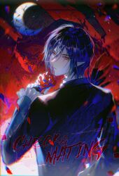 1boy absurdres ayn_alwyn ayn_alwyn_(midnight_epilogue) black_hair black_jacket chinese_commentary closed_mouth crescent_moon expressionless falling_petals flower frilled_sleeves frills from_behind hair_between_eyes hand_up highres holding holding_flower jacket long_sleeves looking_at_viewer looking_back lovebrush_chronicles male_focus moon petals plume pointy_ears red_background red_eyes red_flower red_rose rose short_hair solo upper_body vampire zhumojian