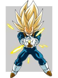 1boy armor blonde_hair blue_bodysuit bodysuit boots border clenched_hands dragon_ball dragon_ball_daima final_flash full_body gloves green_eyes grey_background highres long_hair male_focus no_eyebrows powering_up saiyan_armor simple_background solo spiked_hair super_saiyan super_saiyan_3 vegeta veins white_armor white_boots white_border white_gloves yun_the_bit