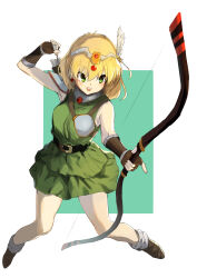 absurdres armor arrow_(projectile) belt blonde_hair blush boots bow_(weapon) brown_boots brown_gloves buckle chest_guard circlet dress earrings fanna_(villgust) feather_hair_ornament feathers fingerless_gloves full_body gloves green_dress green_eyes hair_ornament highres holding holding_arrow holding_bow_(weapon) holding_weapon jewelry kouryuu_densetsu_villgust medium_hair murechika open_mouth quiver shoulder_armor sleeveless sleeveless_dress smile teeth upper_teeth_only weapon