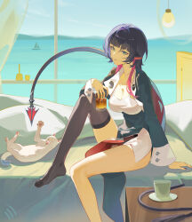 1girl absurdres animal_ears aqua_eyes black_hair black_thighhighs blue_sky boat breasts cat cleavage closed_mouth commentary_request cup highres holding holding_cup indoors jane_doe_(zenless_zone_zero) knee_up light_bulb lingdu_han long_sleeves looking_at_viewer medium_breasts mouse_ears multicolored_hair no_shoes ocean pillow playing_with_another&#039;s_tail single_thighhigh sitting sky solo streaked_hair tail thighhighs watercraft white_cat window zenless_zone_zero