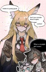 ... 3girls akechi_(826988799) animal_ears arknights ascot black_coat black_nails blank_eyes blonde_hair blue_eyes blush brown_gloves closed_mouth coat english_text extra_ears eyewear_on_head facial_scar fox_ears fox_girl glasses gloves grey_hair hair_between_eyes heart highres lappland_(arknights) lappland_(refined_horrormare)_(arknights) long_hair mole mole_above_eye multicolored_hair multiple_girls nail_polish necktie penance_(arknights) red_necktie scar scar_on_cheek scar_on_face shaded_face shirt streaked_hair teardrop-framed_glasses unworn_eyewear vulpisfoglia_(arknights) white_ascot white_shirt wolf_ears wolf_girl yellow_eyes