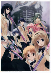 1boy 6+girls :o absurdres ahoge antenna_hair aoi_sena bad_tag black_hair black_hairband black_pantyhose black_socks black_thighhighs blazer blonde_hair blue_bow blue_bowtie blue_hair blue_necktie blush bow bowtie breasts brown_jacket buttons chaos;head cloud cloudy_sky collared_shirt d-sword dated debris everyone fingernails floating_hair from_behind from_side frown glasses glowing glowing_weapon green_eyes green_hair grey_sky hair_between_eyes hair_bow hairband hand_on_another&#039;s_stomach hand_on_own_hip head_tilt highres holding holding_own_arm holding_sword holding_weapon jacket kishimoto_ayase kneehighs kusunoki_yua lapels leaning_forward long_hair looking_at_viewer looking_to_the_side medium_breasts miniskirt multiple_girls multiple_hair_bows necktie nishijou_nanami nishijou_takumi non-web_source notched_lapels official_art open_clothes open_collar open_jacket open_mouth orihara_kozue pantyhose petticoat pink_bow pink_eyes pink_hair plaid_bow plaid_bowtie plaid_clothes plaid_necktie plaid_skirt purple_eyes round_eyewear ruins sakihata_rimi sasaki_mutsumi school_emblem school_uniform serious shibuya_(tokyo) shibuya_109 shirt short_hair side_ponytail sidelocks sitting skirt sky small_breasts smile socks standing steel_beam suimei_school_uniform sword thick_thighs thighhighs thighs tokyo_(city) wavy_hair weapon white_petticoat white_shirt wind wind_lift worried yellow_eyes
