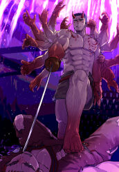 Rule 34 | 2boys, abs, another eidos-r, bara, character request, chest tattoo, colored skin, extra arms, facial hair, from below, goatee stubble, gradient skin, highres, horns, itaru (kidomh63), large pectorals, leg hair, lying, male focus, monster boy, multiple boys, muscular, muscular male, navel, on back, pectorals, red horns, red skin, short hair, sideburns stubble, solo focus, stepped on, strongman waist, stubble, tattoo, thick eyebrows, topless male, upper body, weapon to neck
