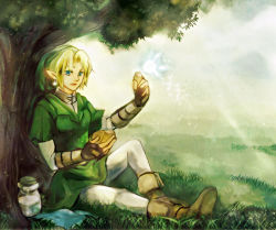 1boy bad_id bad_pixiv_id blonde_hair blue_eyes bottle earrings fairy gloves hat jewelry link male_focus nature navi nintendo pointy_ears sitting smile suzuno_(kazahanasu) the_legend_of_zelda the_legend_of_zelda:_ocarina_of_time tree