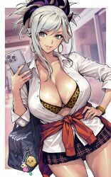 1girl absurdres alternate_costume bag blue_eyes bra breasts cellphone cleavage collared_shirt dynamitenatalia earrings fate/grand_order fate_(series) gyaru hair_ornament hand_on_own_hip highres holding holding_phone jewelry large_breasts long_sleeves miniskirt miyamoto_musashi_(fate) parted_lips phone pleated_skirt shirt shoulder_bag skirt smartphone smile solo tan tanline underwear white_hair white_shirt yellow_bra